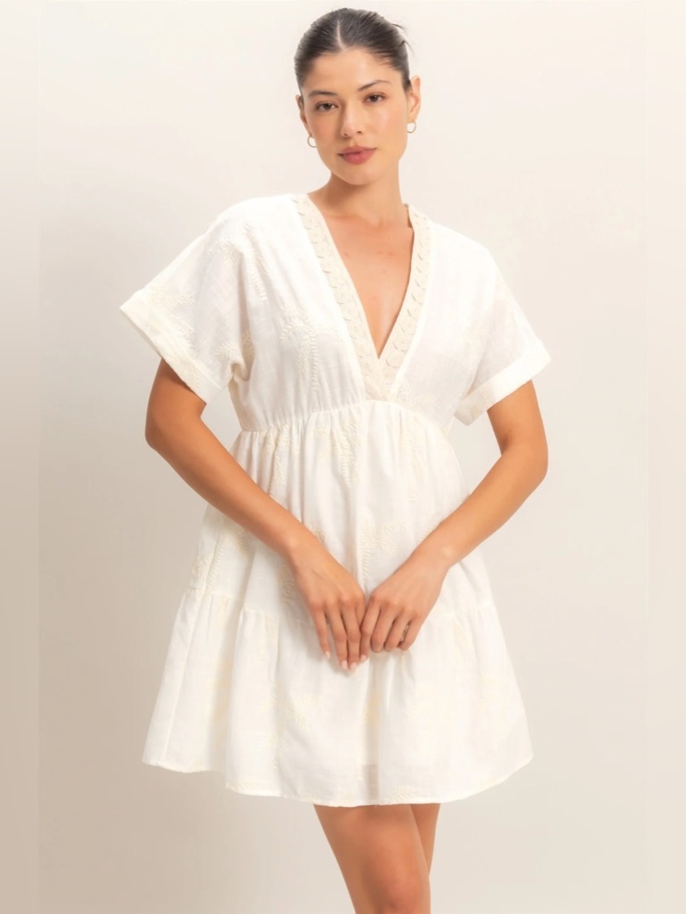 NEW HYFVE Ivory Palm Print Tiered V-Neck Mini Dress Size Large Cotton Lace Trim